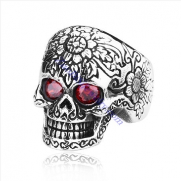 Two Red Eye Stone Skull Ring in Stainless Steel -JR350221