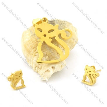 gold kitty pendant and earring s000849