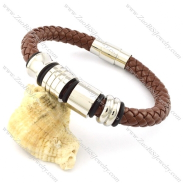 braided leather bracelet in brown tone with 4 small steel tube -b001462