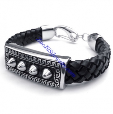 mens leather bracelets with one of a kind steel pattern JB480005