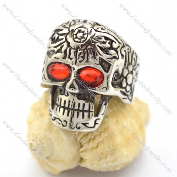 red rhinestone eyes flower skull ring r001748