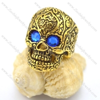 blue rhinestone eyes vintage gold flower skull ring r002005