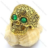 green rhinestone eye gold flower skull ring r002006