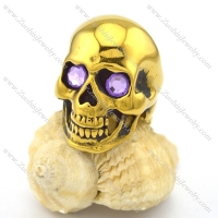 Gold Skull Ring in Steel with Purple Rhinestone Eyes r002011