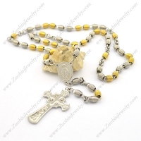 steel and gold tone spring bead rosary necklace with cross n000852