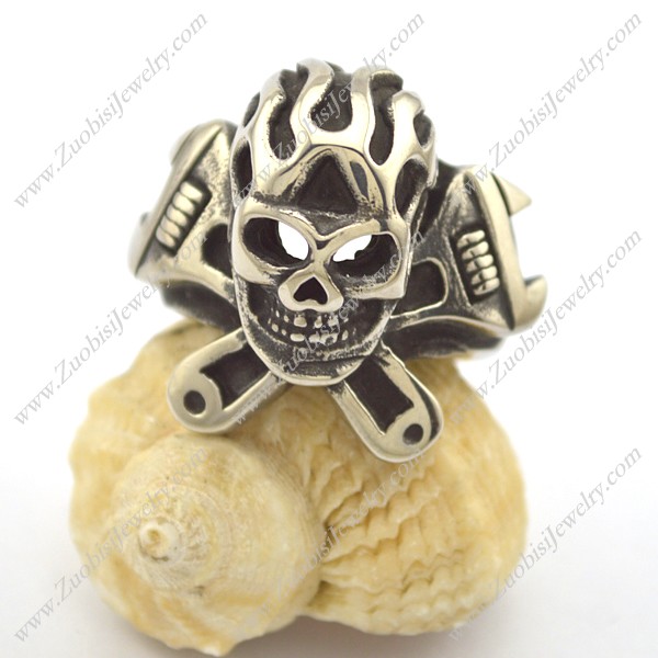 Spanner Fire Skull Ring for Biker