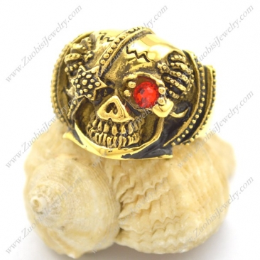Antique Gold Stainless Steel Skull Ring with One Red Crystal Eye r002394