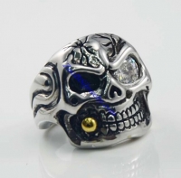 Rock Skull Ring with Big Clear Zircon Eye and Gold Plating Smoking Pipe JR500007