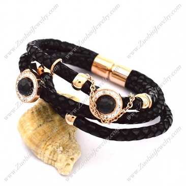 3 Black Leather Cords Bracelet with Rose Gold Steel b003527