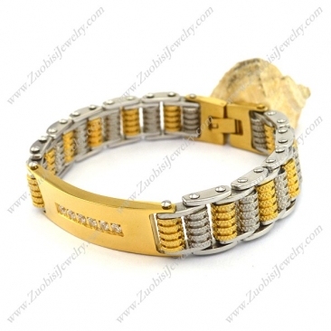 Gold Steel Bicycle Chain Bracelet with Clear Rhinestones ID Plate b004000