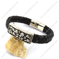 Black Genuine Leather Bracelet with Multi-Skull Heads Band b004055