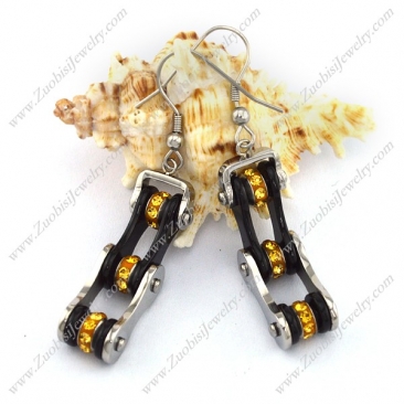 Silver Outside and Black Inside Bike Chain Earring Hook with Yellow Rhinestones e001132