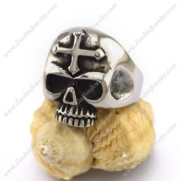 Antique Silver Stainless Steel Cross Skull Ring r003046