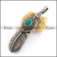 Retro Stainless Steel Feather Pendant with Turquoise Stone p002965