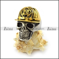 Stainless Steel Skull Ring wearing Gold Fireman Hat r003996