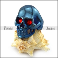 Shiny Blue Plating Stainless Steel Skull Ring with 2 Ruby Rhinestones Eyes r004292