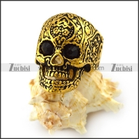 Vintage Gold Stainless Steel Flower Skull Ring with Black Eyes r004299