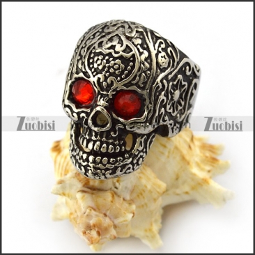 Dark Red Rhinestones Eyes Flower Skull Ring r004303