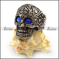 Antique Silver Stainless Steel Blue Eyes Flower Skull Ring r004304