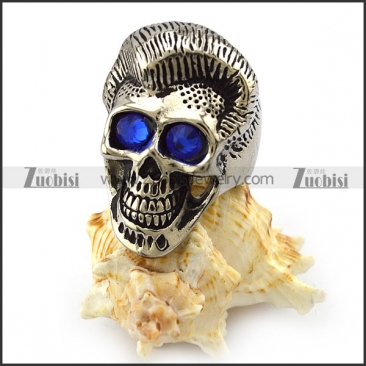 Silver Stainless Steel Handsome Skull Ring with Blue Rhinestones Eyes r004308