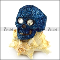 Clear Rhinestone Eyes Flower Skull Ring in Shiny Blue Plating r004312