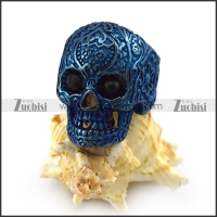 Blue Flower Skull Ring with 2 Faceted Black Rhinestones Eyes r004311