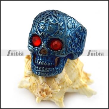 Dark Red Rhinestone Eyes Flower Skull Ring in Blue Finishing r004313