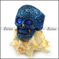 Blue Stainless Steel Flower Skull Ring with Blue Eyes r004314