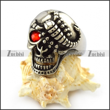 Red Eye Stainless Steel Skull Ring with Scorpion r004321