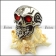 Ruby Rhinestone Eyes Skull Ring with Beard r004323