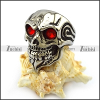 Ruby Rhinestone Eyes Skull Ring with Beard r004323