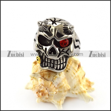 Solid Back One Red Crystal Eye Viking Skull Ring Biting Bullet r004913