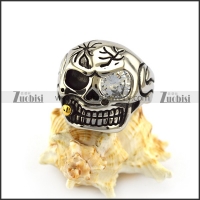 Solid Back Skull Ring with Zircon Eye and Tobacco Pipe r004914