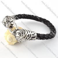 Black PU Leather Stainless Steel Tiger Bracelet - b000443