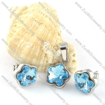 Clear Blue Crystal Flower Stainless Steel Jewelry Set -s000105