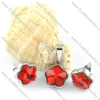 Clear Red Crystal Flower Stainless Steel Jewelry Set -s000106