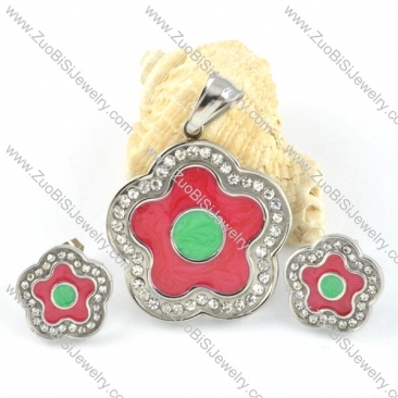 Epoxy Red Plum Blossom Stainless Steel jewelry set-s000119