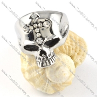 Clear Stone Cross Skull Ring in Stainless Steel -r000363