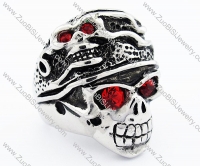 Stainless Steel Red Zircon Stone Skull Ring - JR300005