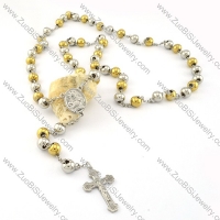 gold and steel tone rosary necklace made in China -n000276