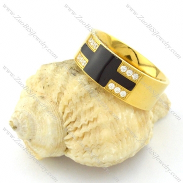 Yellow Gold Plated Elegant Ring in Stainless Steel Metal with Chear Rhinestones -r000922