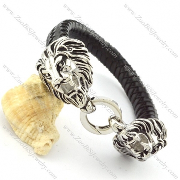 Two Lion Heads Bracelet with Leather Cord -b001327