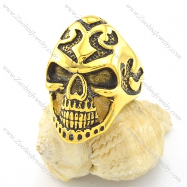 gold finished steel skull ring r001493
