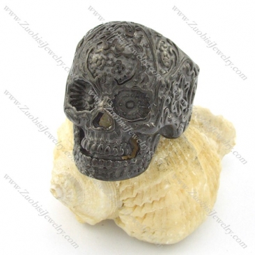 black cover flower skull ring for mens r001489
