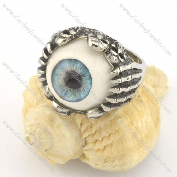 steel evil eye ring with six skull heads r001429