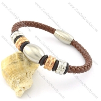 brown leather bracelet for men with rose gold and silver steel accessories b001605