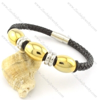 gold tone black leather stainless steel bracelets b001602
