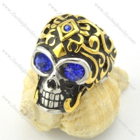 clear blue facted rhinestone eyes skull ring with gold hairr001168