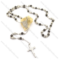 6mm black and steel tone rosary necklace with jesus cross n000725
