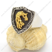Gold Horse Antique Silver Stainless Steel Shield Ring r002515